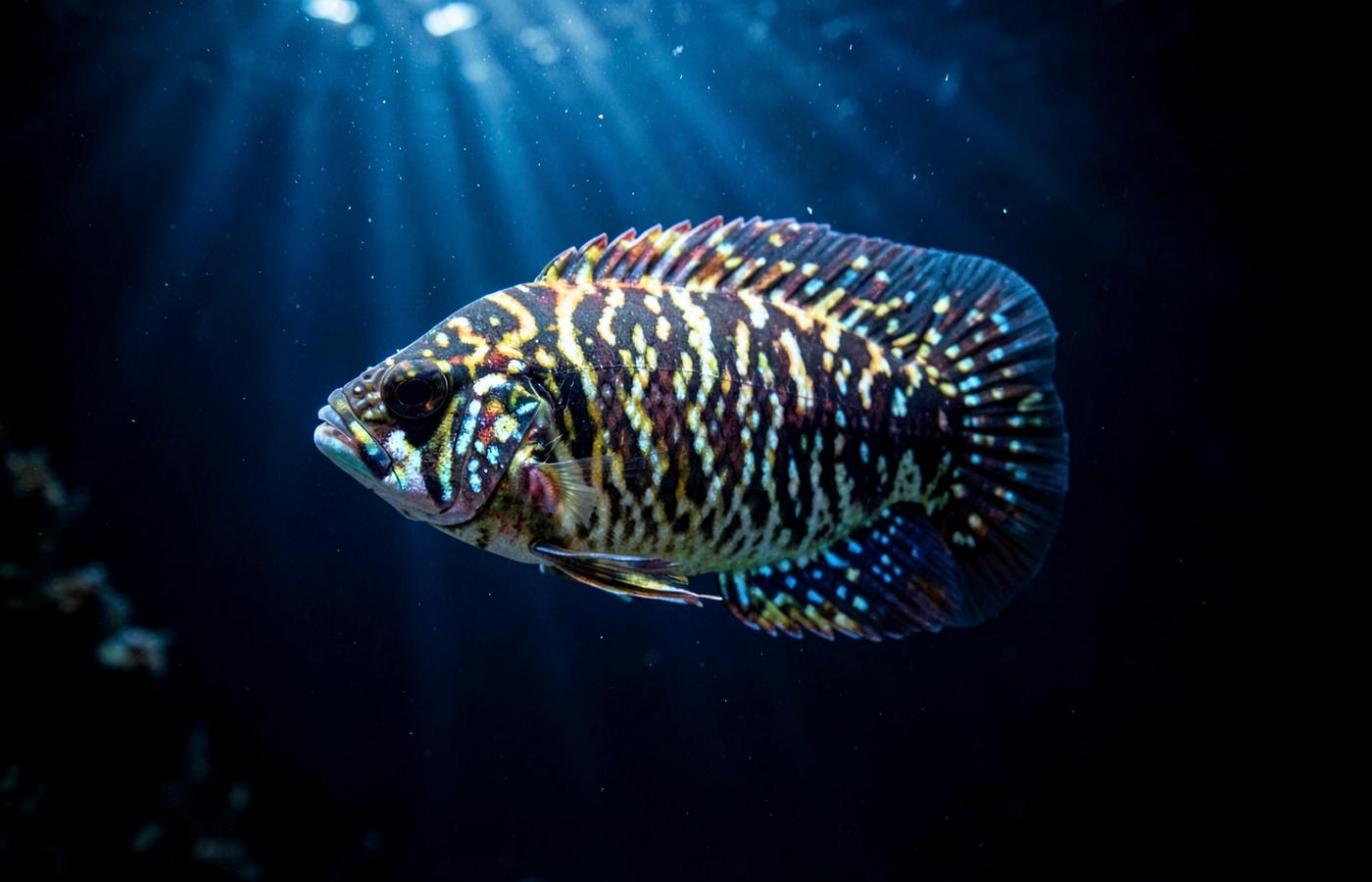 Peixe exótico de padrão marcante nadando em água profunda