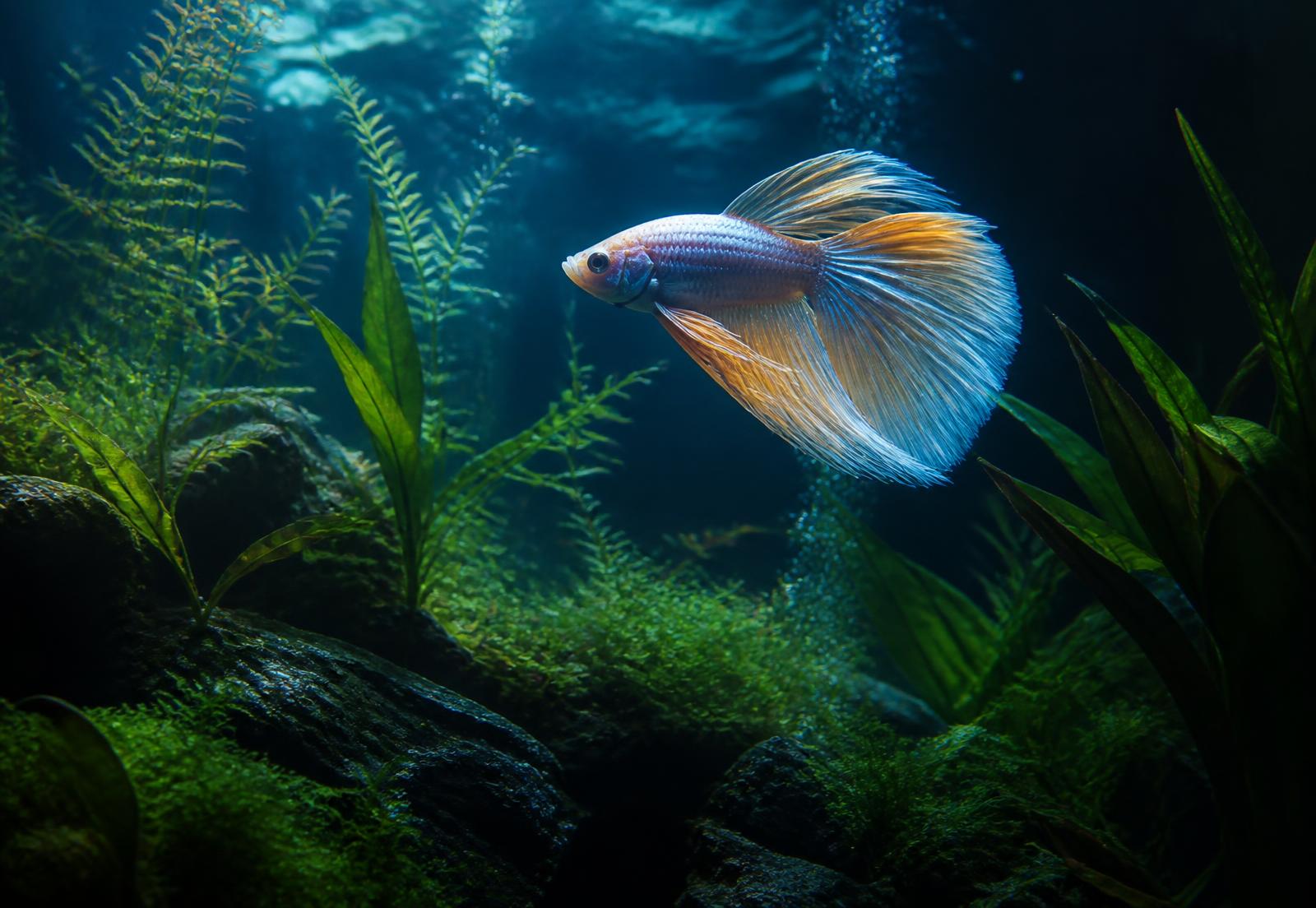 Aquário plantado iluminado com peixe ornamental de nadadeiras longas
